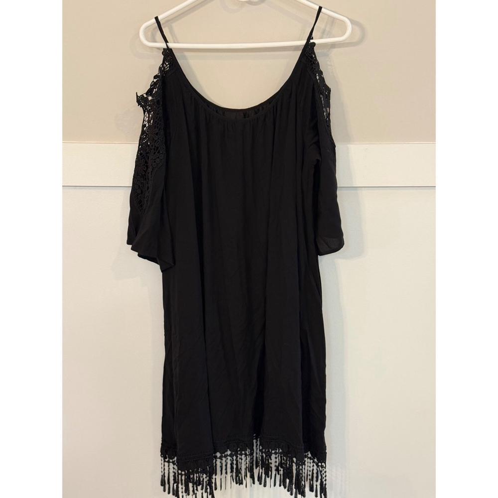 Black Lace Trim Dress Large Asymmetrical One Shoulder Flowy - Picture 2 of 7